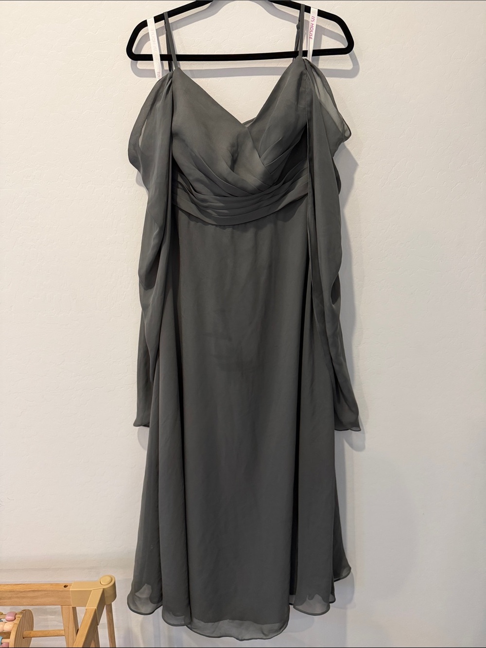 JJ’s HouseGray Chiffon Off-Shoulder Evening Dress